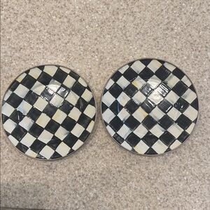 2 MacKenzie-Childs Elegant White black enamel 8in Plates with Gold Trim.